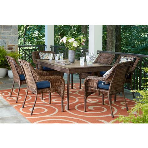 Hampton Bay Cambridge Brown 7-Piece Wicker Outdoor Dining Set with Blue ...