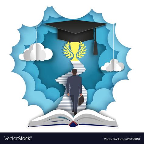 A Man Walking Up Stairs To Graduation Hat On Top Of An Open Book With