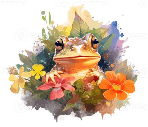 Adorable Baby Frog with Flowers Watercolor. 23657946 PNG