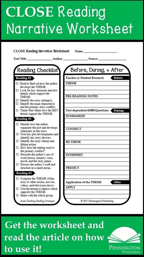 Close Reading Narrative Worksheets Pennington Publishing Blog Close Reading Teaching