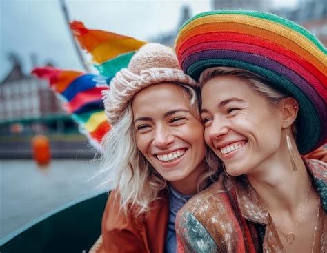 Premium AI Image Happy Lesbian Couple In A Boat In Amsterdam With Rainbow Flag Patterns