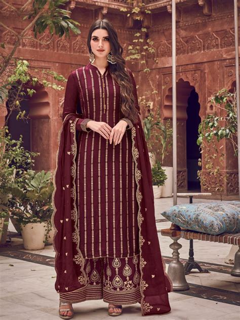 Maroon Pure Dola Jacquard Embroidered Wedding Festival Palazzo Pant