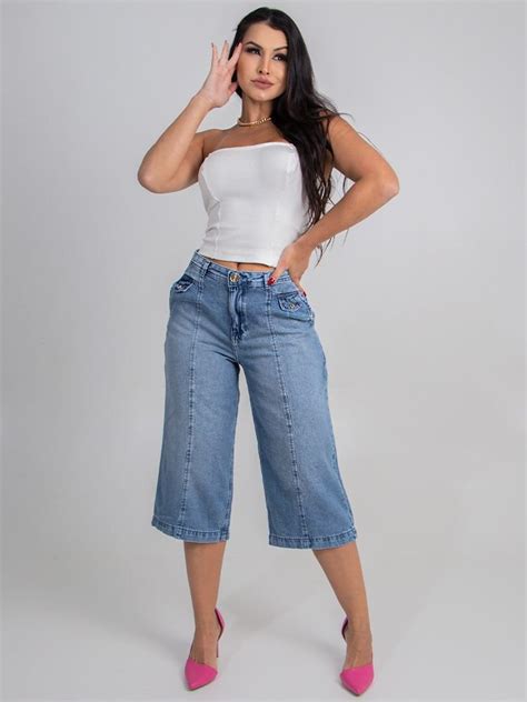 Cal A Feminina Jeans Capri Wide Leg Pesponto