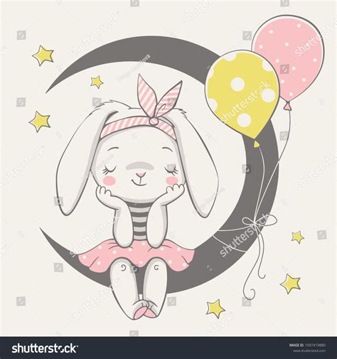 Vector Illustration Of A Cute Dreaming Bunny Girl Sitting On The Moon