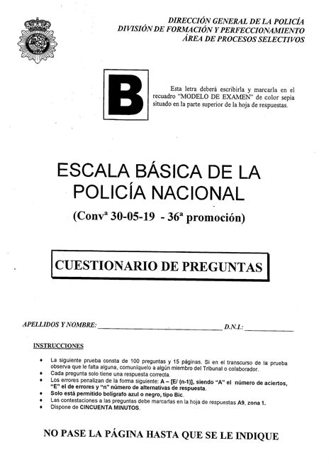 Polic A Nacional Escala B Sica Plantilla Examen Conocimientos Y