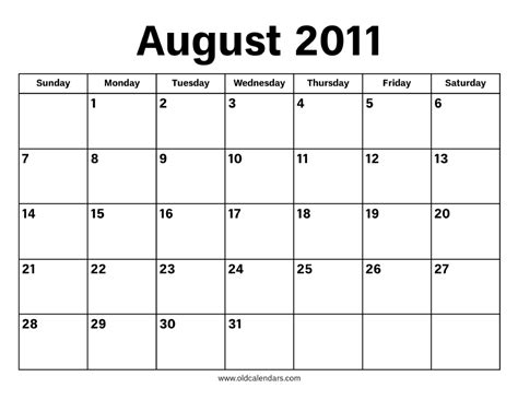 August 2011 Calendar – Printable Old Calendars