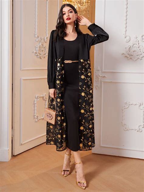 SHEIN Najma Gold Floral Print Coat Tank Dress Without Belt SHEIN UK