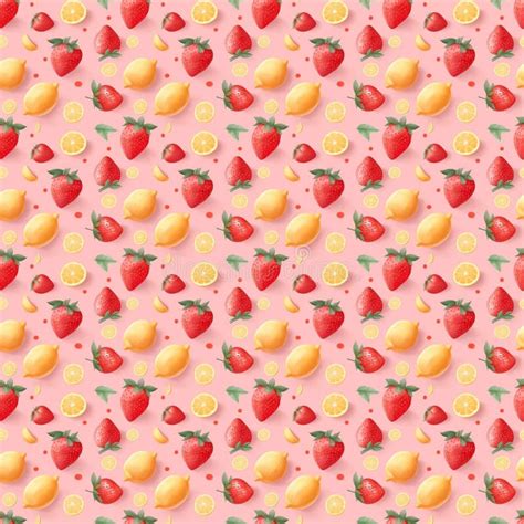 Seamless Pattern With Strawberries And Lemons On A Pastel Pink