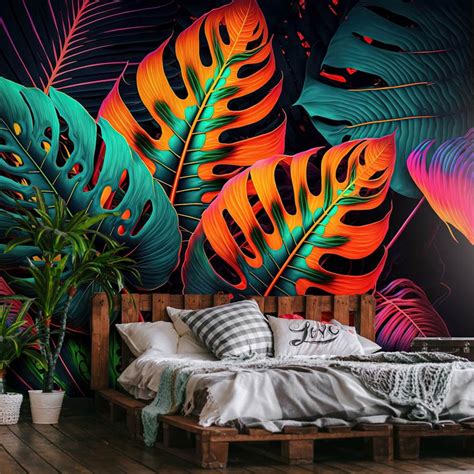 Fotobehang Jungle Bladeren Neon Botanisch