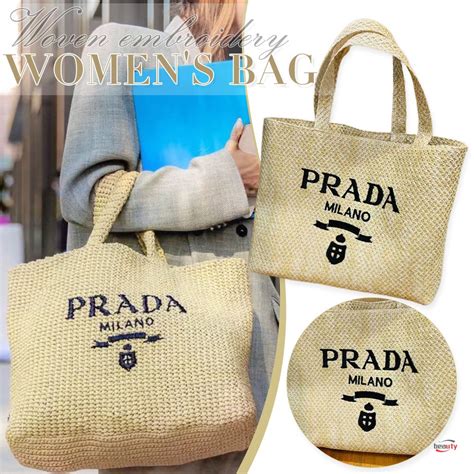 Prada Bolsa De Ombro Tote Feminina De Verão De Praia Tricô Palha Retrô