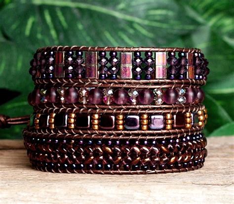 Purple Bronze Beaded Leather Wrap Multi Wrap Bracelet Artisan Jewelry