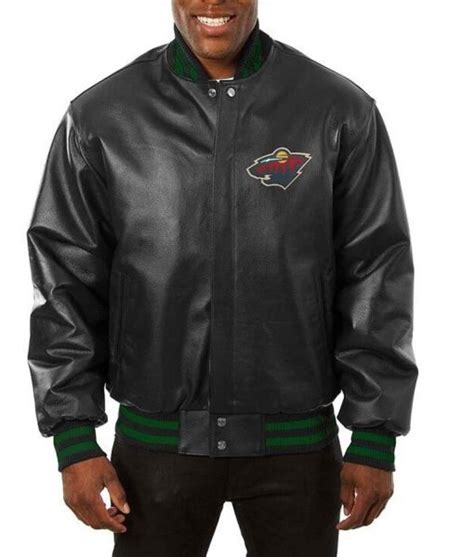 Bomber Varsity Black Minnesota Wild Leather Jacket - Jackets Expert