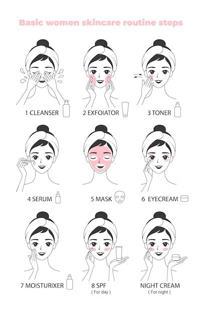 Premium Vector Face Care Routine Girl Cleaning Her Face With Various