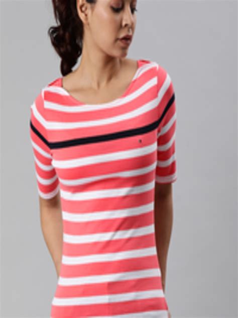 Buy Tommy Hilfiger Women Pink White Striped Slim Fit Boat Neck Pure