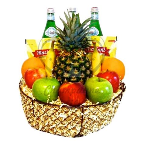 a basket filled with fruit and drinks