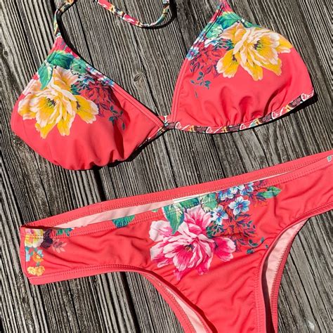 Hobie Floral Triangle Top Cheeky Bikini Set Orange La Gem