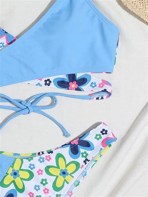 Emmiol Free Shipping 2023 Cross Over Patchwork Floral Bikini Set Blue S