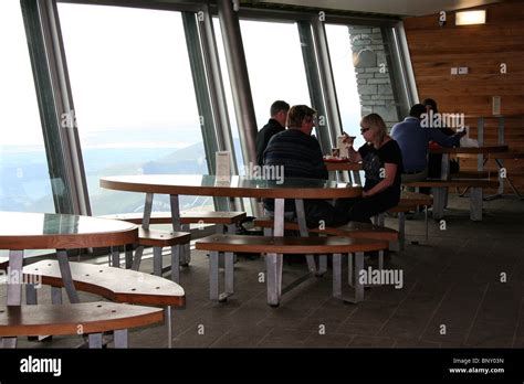 People drinking at Mount Snowdon summit cafe, Snowdonia National Park ...