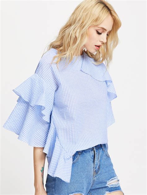 Flounce Trim Layered Ruffle Sleeve Gingham Top SheIn Sheinside