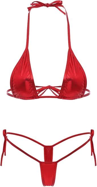 IWEMEK Damen Metallic Glänzend Micro Mini Bikini Push Up Set Sexy Dessous Wetlook BH String