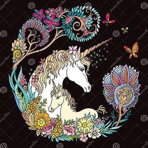 Vector Colorful Unicorn And Foal On Black Stock Vector Illustration