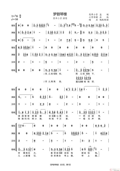 梦锁琴楼（乐队伴奏谱） 简单小芳 歌谱简谱网