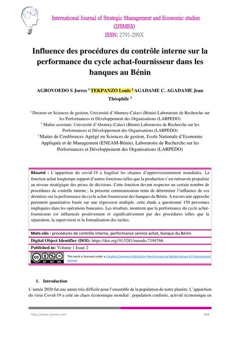 PDF Influence des procédures du contrôle interne sur la performance