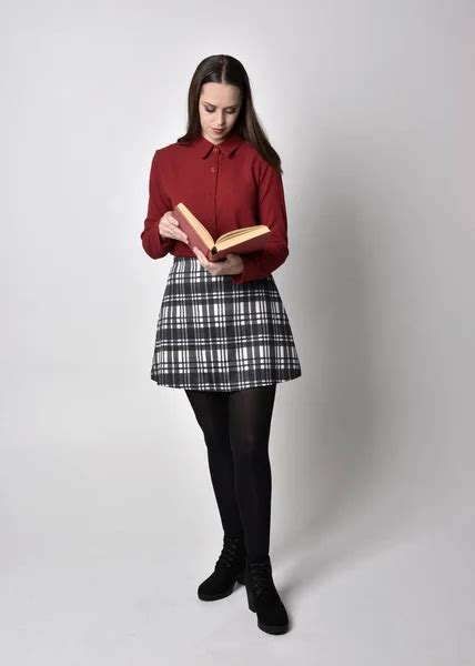 Full Length Portrait Pretty Brunette Girl Wearing Red Shirt Plaid Stock