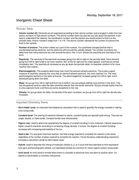 Basic Inorganic Terms Monday September 18 2017 Inorganic Cheat