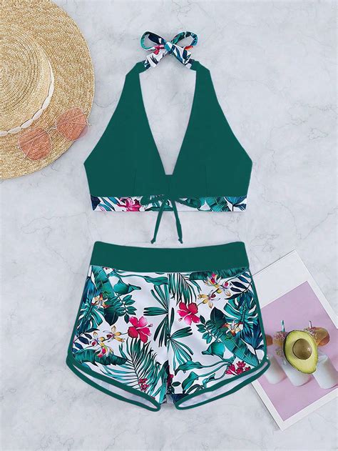 SHEIN Swim SPRTY Tropical Print Halter Bikini Swimsuit For Sale