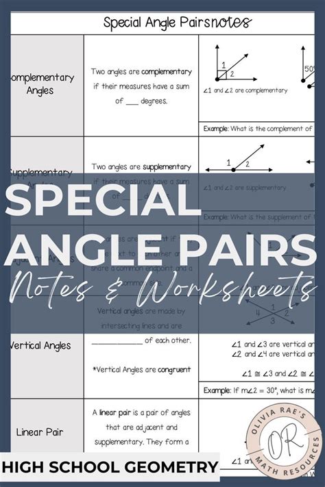 Special Angles Pairs Notes And Worksheets Supplementary Angles Vertical Angles Angle Pairs