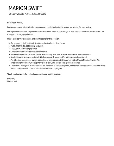 Trauma Nurse Cover Letter Velvet Jobs