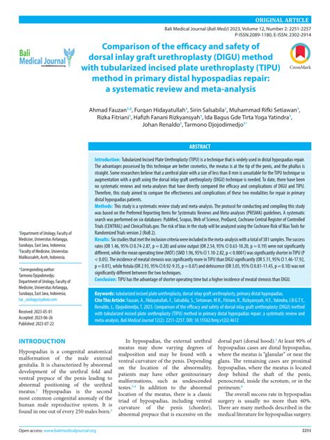 Pdf Comparison Of The Efficacy And Safety Of Dorsal Inlay Graft Urethroplasty Digu Method