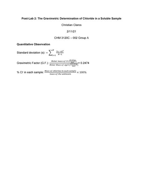 Post Lab The Gravimetric Determination Of Chloride In A Soluble