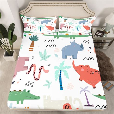 YST Wild Animal Bedding Set Twin for Kids Zoo Animals Theme Fitted Sheet 2 Pieces Safari African ...