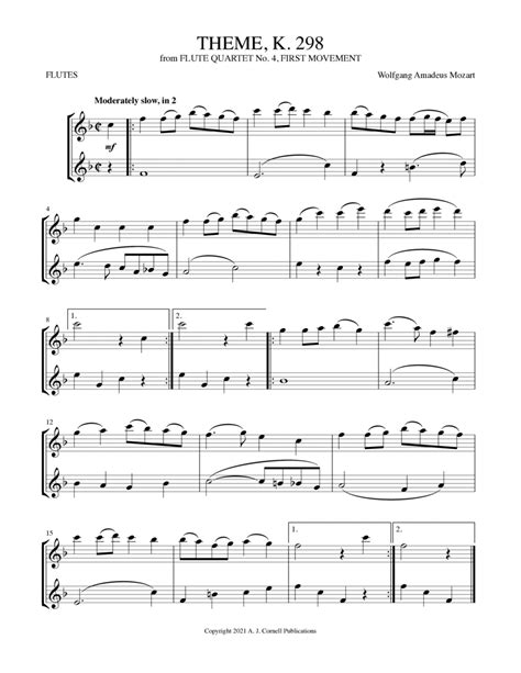 Theme K 298 From Flute Quartet No 4 First Movement Sheet Music