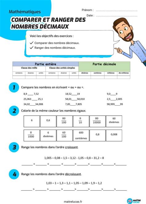 Exercices Comparer Les Nombres D Cimaux Cm Ma Tre Lucas