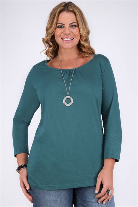 Teal Cool Cotton Longsleeve T Shirt With Ruched Neckline Plus Size 16