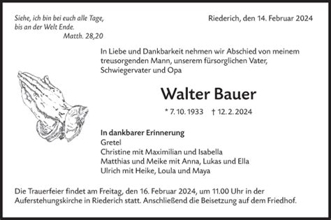 Traueranzeigen Von Walter Bauer Südwest Presse Trauer