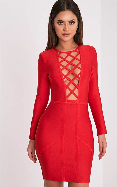 Livia Red Lattice Bandage Bodycon Dress Prettylittlething