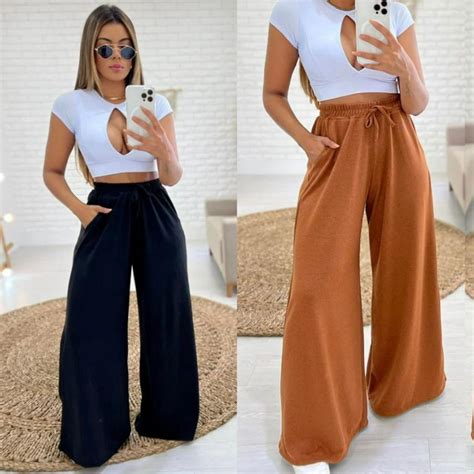 Cal A Feminina Pantalona Wide Leg Lanzinha L Cintura Alta Moda Inverno