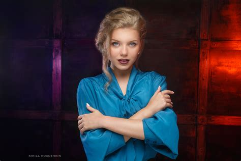 Wallpaper Blonde Blue Purple Red Lipstick Face Women Kirill Rogozhkin 2160x1440