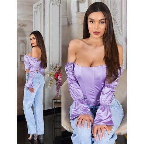 Top Dama Tip Corset Lila Din Satin Cu Maneca Lunga Si Umerii Goi