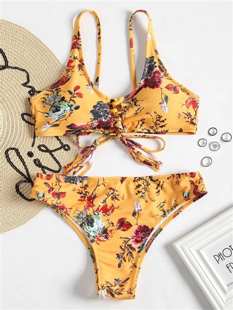 Women Swimwear Scoop Neck Bikini Set Floral Sexy Swimsuit Beach Suit