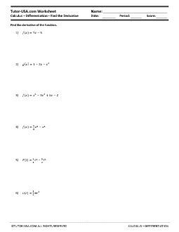 Worksheet: Derivatives - Basic Differentiation - Product, Quotient, Chain Rule | Calculus Printable