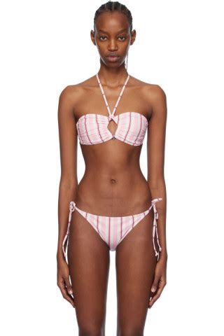 White Pink Striped Bikini Top By Ganni On Sale