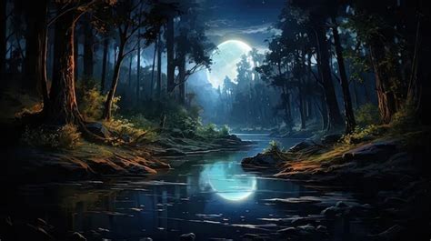 premium photo  painting   river   forest  night