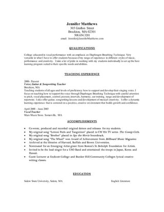 Vocal Teaching Resume PDF