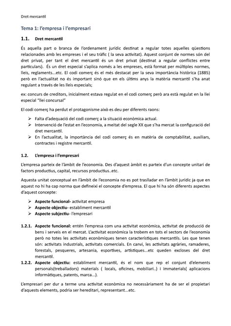 DRET Mercantil Apuntes 1 8 Dret Mercantil Tema 1 Lempresa I L