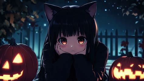 222b | Anime, Cat, Girl, Halloween, Pumpkin Head, 4K Wallpaper iPhone Phone